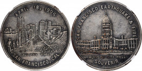 1906 San Francisco Earthquake and Fire Medal. Type I. HK-340a. Rarity-6. Silver-Plated. AU-53 (NGC).

36 mm.