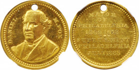 "1885" Philadelphia Mint Superintendent Daniel M. Fox Commemorative Medalet. Gilt Bronze. MS-63 (NGC).

13.5 mm. Pierced for suspension. Obv: Bust w...