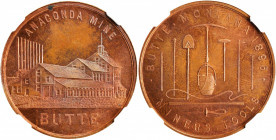 1896 Anaconda Mine Medal. Type I. HK-734, Rulau-But 2. Rarity-5. Copper. MS-64 RB (NGC).

38 mm.

From the Tim Gabriele Collection.