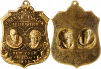 1909 Hudson-Fulton Celebration Badge. By Schwaab. Brass. MS-65 DPL (NGC).

34 mm x 46.5 mm, greatest dimensions, including integral loop. Obv: Busts...