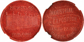 1916 Dayton, Ohio Industrial Exposition. New Delco Building Token. Maroon Hard Rubber. MS-66 (NGC).

30 mm. Obv: Building view with inscription NEW ...