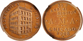 1908 American Medical Association 59th Annual Session Medalet. Copper. MS-63 BN (NGC).

19 mm. Obv: Building view with peripheral inscription ASSOCI...