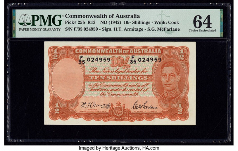 Australia Commonwealth Bank of Australia 10 Shillings ND (1942) Pick 25b R13 PMG...