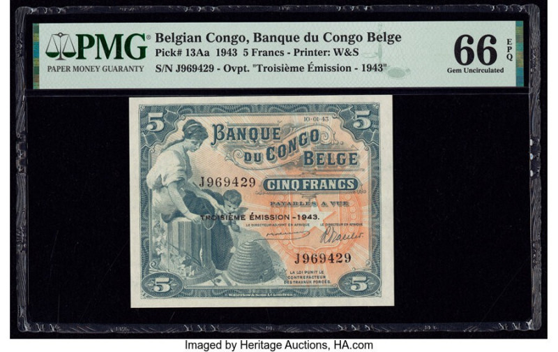 Belgian Congo Banque du Congo Belge 5 Francs 10.1.1943 Pick 13Aa PMG Gem Uncircu...