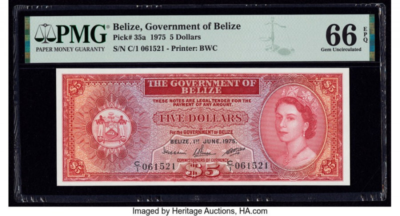 Belize Government of Belize 5 Dollars 1.6.1975 Pick 35a PMG Gem Uncirculated 66 ...