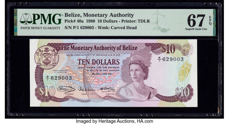 Belize Monetary Authority 10 Dollars 1.6.1980 Pick 40a PMG Superb Gem Unc 67 EPQ...