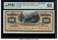 Colombia Banco de Colombia 50 Pesos 15.12.1881 Pick S387s Specimen PMG Choice Uncirculated 63. Red Specimen overprints, six POCs and pinholes are note...
