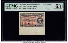 Colombia Banco del Estado 10 Centavos 1.1886 Pick S446s Specimen PMG Choice Uncirculated 63 EPQ. Red Specimen overprints, three POCs and selvage inclu...