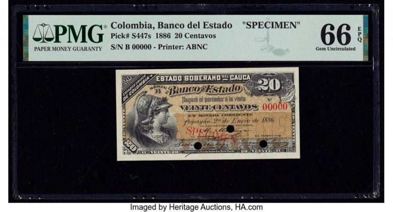 Colombia Banco del Estado 20 Centavos 2.1.1886 Pick S447s Specimen PMG Gem Uncir...