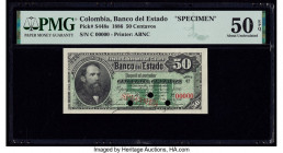 Colombia Banco del Estado 50 Centavos 2.1.1886 Pick S448s Specimen PMG About Uncirculated 50 EPQ. Red Specimen overprints and three POCs are present o...