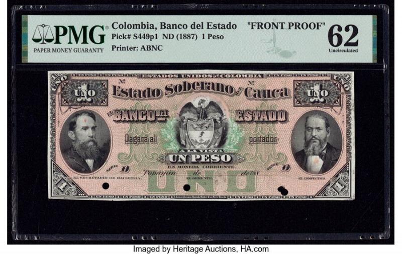 Colombia Banco del Estado 1 Peso 1887 Pick S449p1 Front Proof PMG Uncirculated 6...