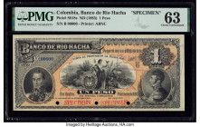 Colombia Banco de Rio Hacha 1 Peso 1883-85 Pick S818s Specimen PMG Choice Uncirculated 63. Red Specimen overprints and 3 POCs are present on this exam...
