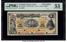Colombia Banco Union 1 Peso ND (1887-88) Pick S866s Specimen PMG About Uncirculated 53. Red Specimen overprints and five POCs are present on this exam...