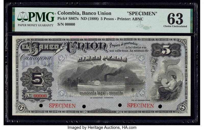 Colombia Banco Union 5 Pesos ND (1888) Pick S867s Specimen PMG Choice Uncirculat...