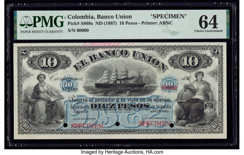 Colombia Banco Union 10 Pesos ND (1887) Pick S868s Specimen PMG Choice Uncircula...