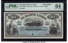 Colombia Banco Union 10 Pesos ND (1887) Pick S868s Specimen PMG Choice Uncirculated 64. Red Specimen overprints, three POCs and pinholes are present o...
