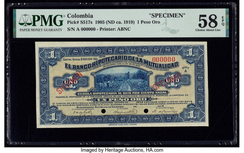 Colombia Banco Hipotecario de la Mutualidad 1 Peso Oro 1905 (ND ca. 1919) Pick S...