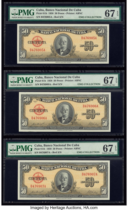 Cuba Banco Nacional de Cuba 50 Pesos 1958 Pick 81b Three Consecutive Examples PM...