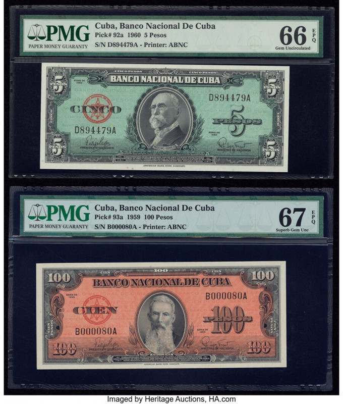 Cuba Banco Nacional de Cuba 5; 100 Pesos 1960; 1959 Pick 92a; 93a Two Examples P...