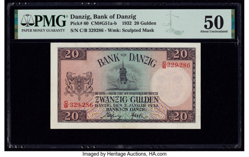 Danzig Bank of Danzig 20 Gulden 2.1.1932 Pick 60 PMG About Uncirculated 50. 

HI...
