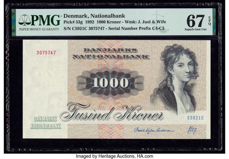 Denmark National Bank 1000 Kroner 1992 Pick 53g PMG Superb Gem Unc 67 EPQ. 

HID...
