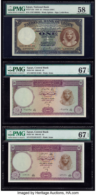 Egypt National Bank of Egypt; Central Bank 1; 5 Pound 26.5.1948; 1964-65 (2) Pic...