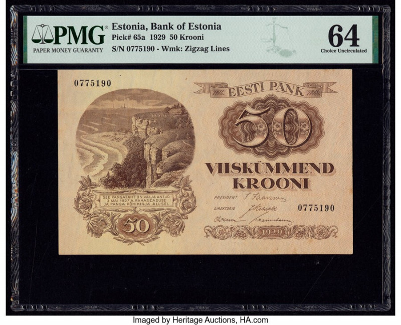 Estonia Bank of Estonia 50 Krooni 1929 Pick 65a PMG Choice Uncirculated 64. 

HI...