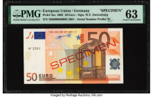 European Union Central Bank, Germany 50 Euro 2002 Pick 4xs Specimen PMG Choice Uncirculated 63. Red Specimen overprints and previous mounting have bee...