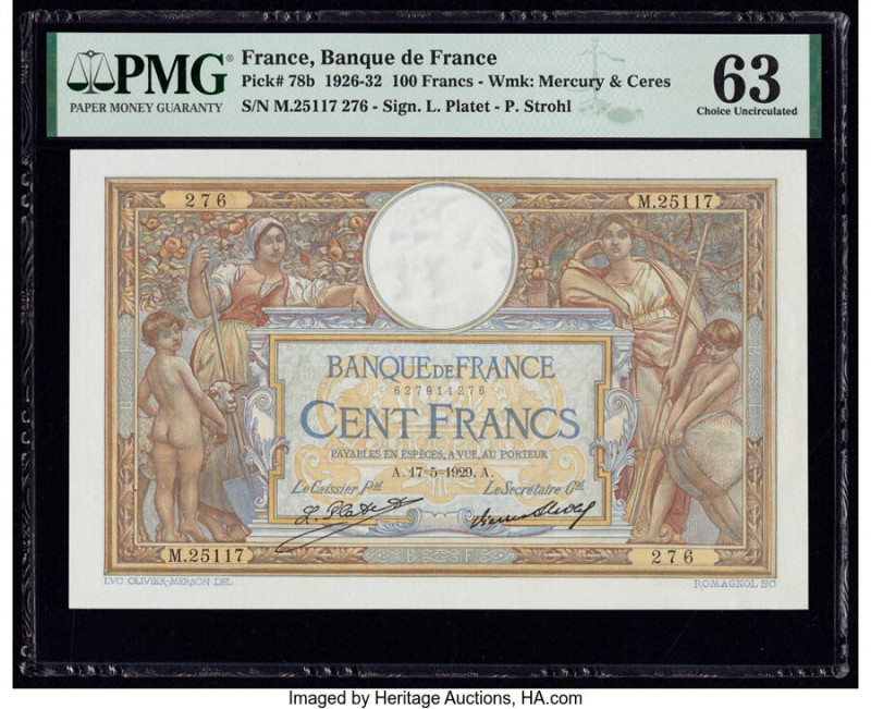 France Banque de France 100 Francs 17.5.1929 Pick 78b PMG Choice Uncirculated 63...