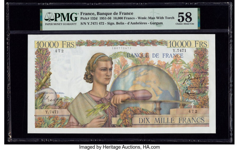 France Banque de France 10,000 Francs 4.11.1954 Pick 132d PMG Choice About Unc 5...