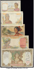 French Antilles, French Indochina and Tahiti Group of 5 Examples Very Good-Extremely Fine. Edge tear on the 100 Francs; pinholes and rust stains on th...