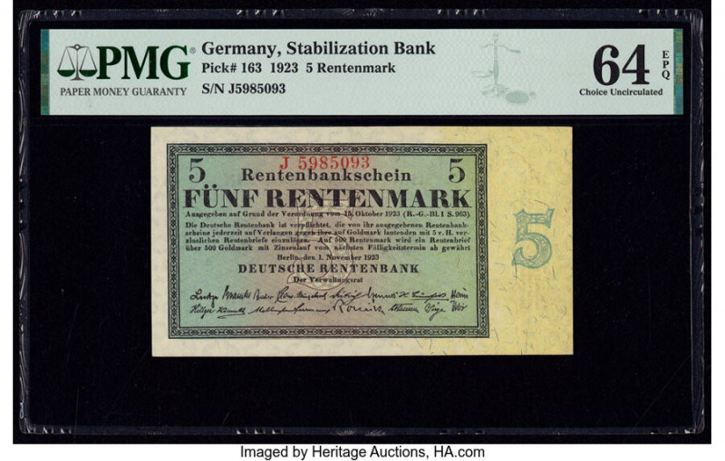 Germany Stabilization Bank 5 Rentenmark 1.11.1923 Pick 163 PMG Choice Uncirculat...