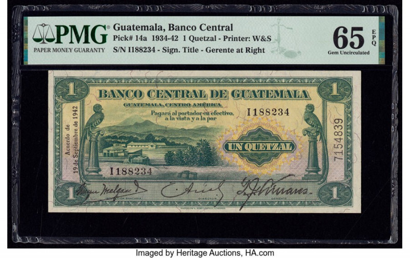 Guatemala Banco Central de Guatemala 1 Quetzal 19.9.1942 Pick 14a PMG Gem Uncirc...