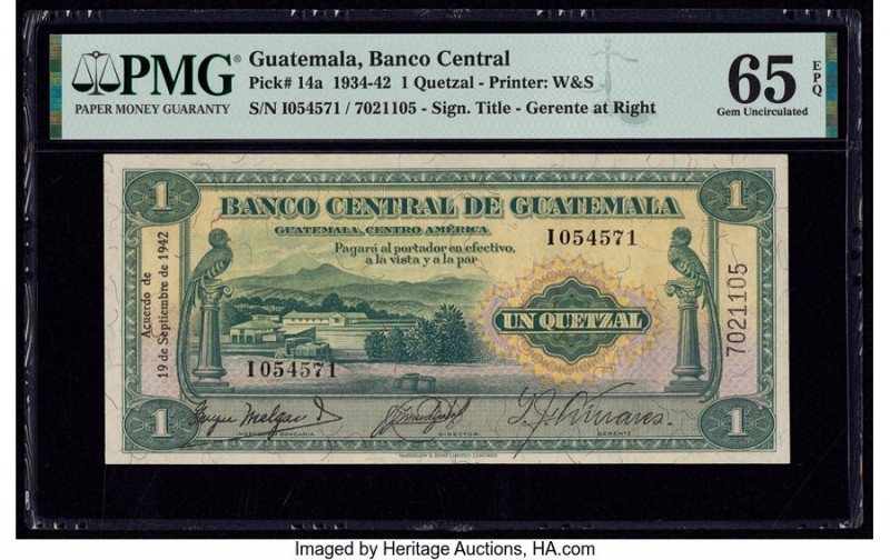 Guatemala Banco Central de Guatemala 1 Quetzal 19.9.1942 Pick 14a PMG Gem Uncirc...