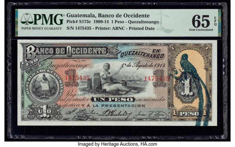 Guatemala Banco de Occidente en Quezaltenango 1 Peso 1.8.1914 Pick S173c PMG Gem...