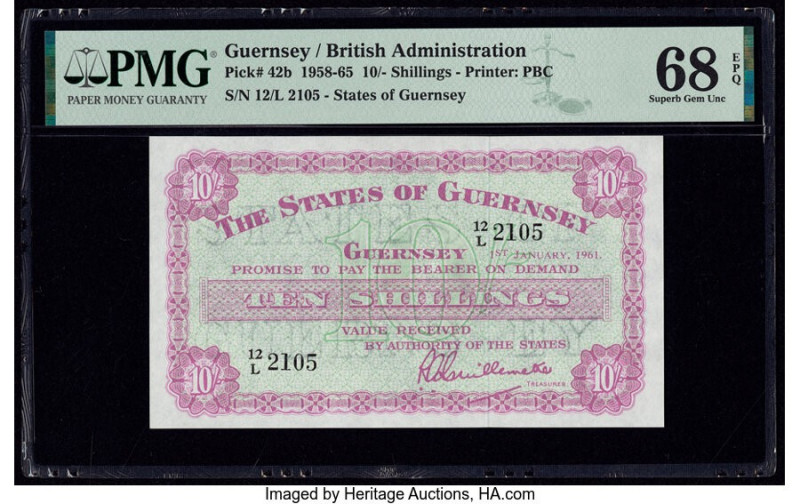 Guernsey States of Guernsey 10 Shillings 1.1.1961 Pick 42b PMG Superb Gem Unc 68...
