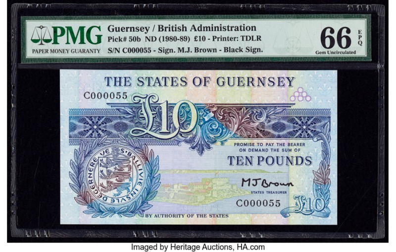 Low Serial Number 55 Guernsey States of Guernsey 10 Pounds ND (1980-89) Pick 50b...