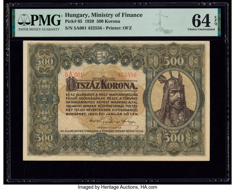 Hungary State Note of the Ministry of Finance 500 Korona 1920 Pick 65 PMG Choice...