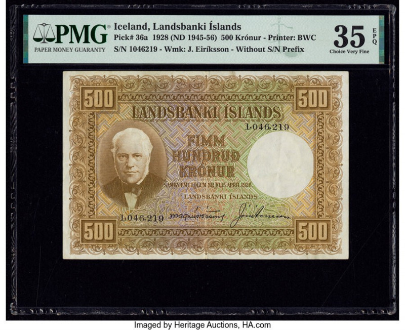 Iceland Landsbanki Islands 500 Kronur 15.4.1928 (ND 1945-56) Pick 36a PMG Choice...