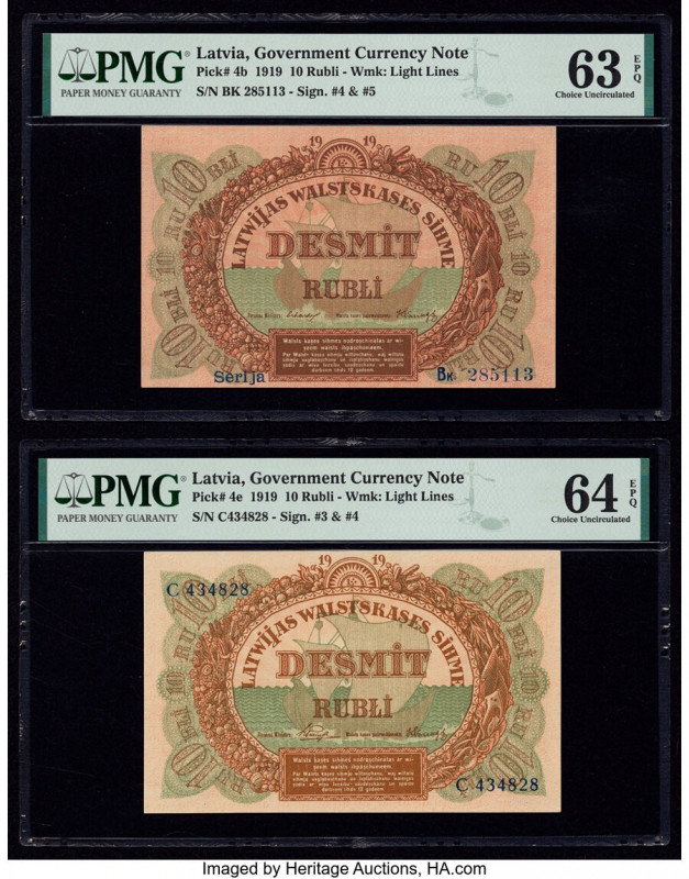 Latvia Latvian Government Currency Note 10 Rubli 1919 Pick 4b; 4e Two Examples P...