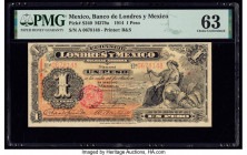 Mexico Banco de Londres y Mexico 1 Peso 14.2.1914 Pick S240 M279a PMG Choice Uncirculated 63. Stains are noted on this example.

HID09801242017

© 202...