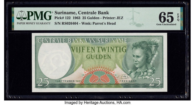 Suriname Centrale Bank 25 Gulden 1.9.1963 Pick 122 PMG Gem Uncirculated 65 EPQ. ...