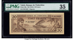 Tahiti Banque de l'Indochine 20 Francs ND (1944) Pick 20a PMG Choice Very Fine 35. 

HID09801242017

© 2020 Heritage Auctions | All Rights Reserved