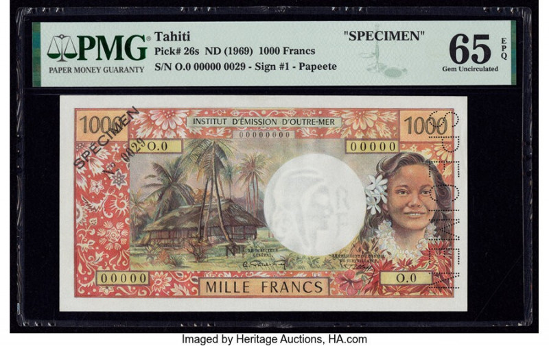 Tahiti Institut D'Emission D'Outre-Mer 1000 Francs ND (1969) Pick 26s Specimen P...