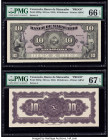 Venezuela Banco de Maracaibo 10 Bolivares ND (ca. 1924) Pick S223p (2) Front and Back Proofs PMG Gem Uncirculated 66 EPQ; Superb Gem Unc 67 EPQ. 

HID...