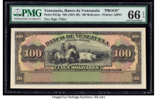 Venezuela Banco de Venezuela 100 Bolivares ND (1931-39) Pick S313p Proof PMG Gem Uncirculated 66 EPQ. Two partial POCs are present on this example.

H...