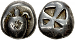 AEGINA: AR stater (12.01g), ca. 525-480 BC, HGC-6/429, Meadows Aegina Group IIb, sea turtle // incuse square with mill-sail pattern, banker's mark on ...