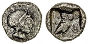 ATTICA: Athens, AR obol (0.43g), 485-480 BC, BMC-11.10.96ff, archaic helmeted head of Athena right // owl standing right, head facing, olive spray beh...
