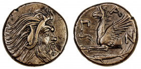 BOSPOROS: Pantikapaion, AE20 (7.56g), ca. 310-303 BC, HGC-7/113, Anokhin-1023, bearded head of satyr right // forepart of griffin left, fish left belo...