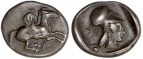 EPEIROS: Ambrakia, AR stater (8.49g), ca. 480-456 BC, SNG Copenhagen 2, Pozzi-1741, Pegasos flying left, A below // head of Athena right, wearing Cori...